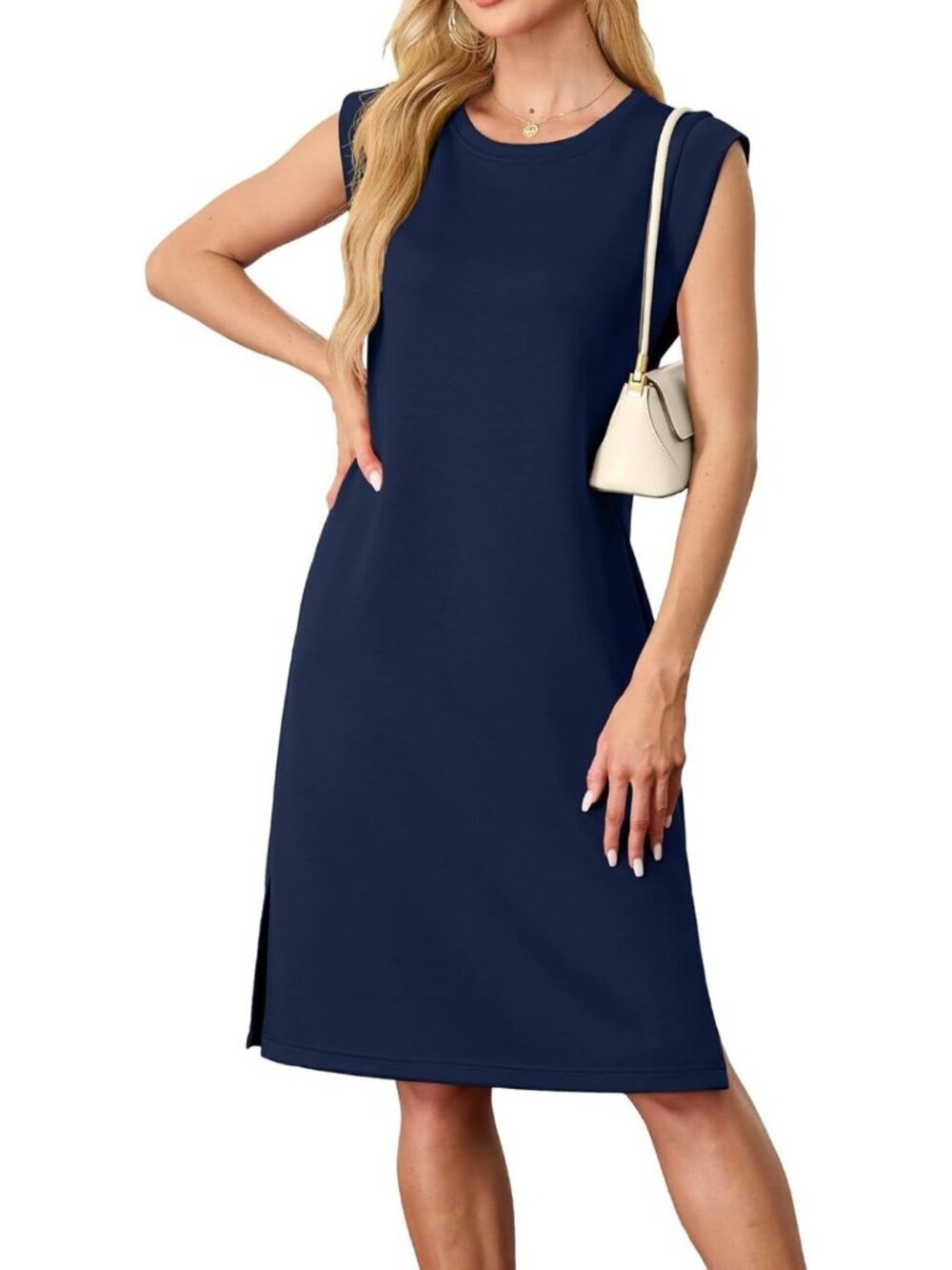 Women's Navy Sleeveless Casual Loose Beach Crewneck Wrinkle-Free Midi Dress